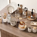 Modern Dinnerware Set With Ceramic Plates Bowls Cups And Wooden Utensils On Kitchen Counter