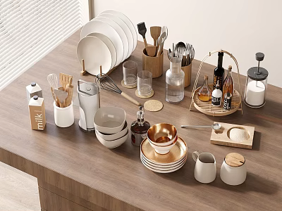 Modern Dinnerware Set With Ceramic Plates Bowls Cups And Wooden Utensils On Kitchen Counter 3d model