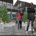 Modern Elegant Courtyard Landscape With Colorful Flower Planters Green Shrubs And Stone Paved Leisure Space