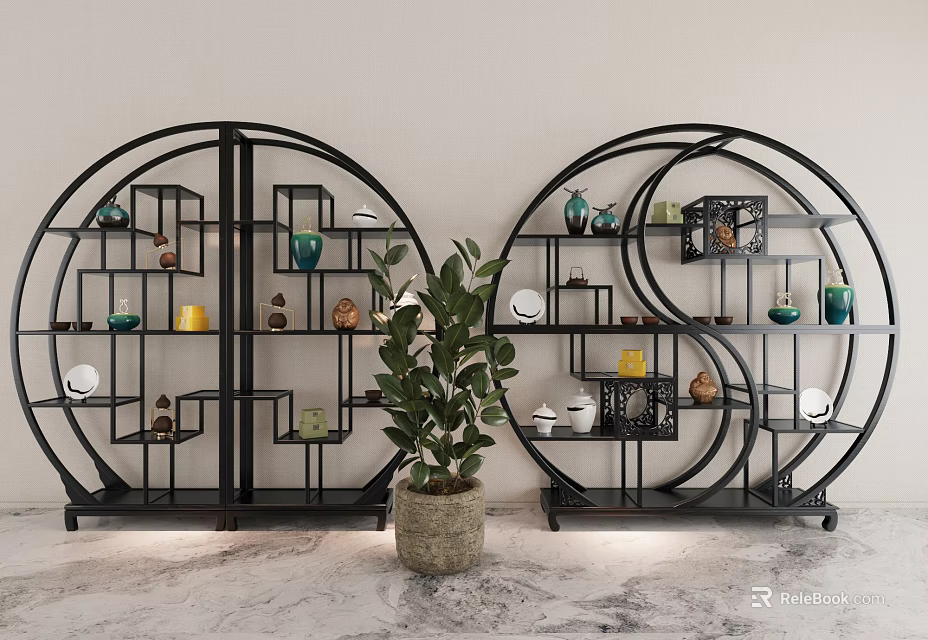 Chinese Style Circular Etagere With Black Metal Frame Ceramic Vases And Green Plant 3d model 