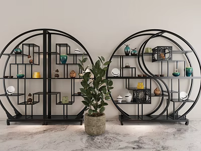 Chinese Style Circular Etagere With Black Metal Frame Ceramic Vases And Green Plant 3d model