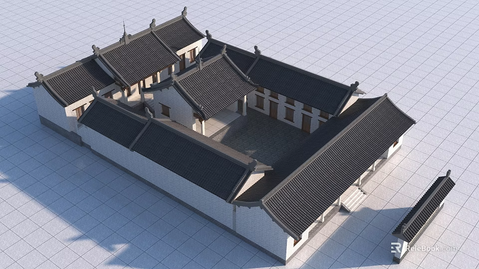Traditional Chinese Ancient Architecture With Black Tiled Roof White Walls Courtyard And Curved Eaves 3d model 
