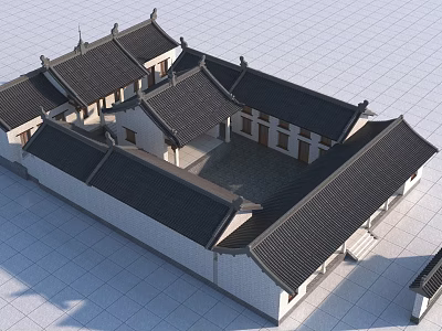 Traditional Chinese Ancient Architecture With Black Tiled Roof White Walls Courtyard And Curved Eaves 3d model