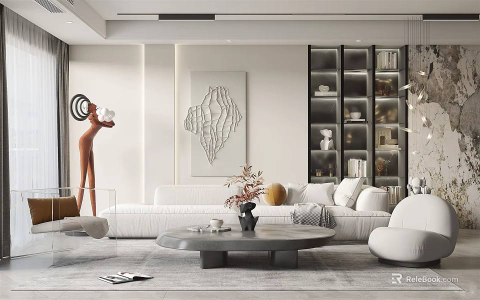 Modern Living Room Interior Design With White Sofa Round Coffee Table And Abstract Painting 3d model 