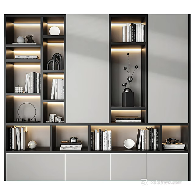 Modern Decorative Cabinet Featuring Layered Shelves Books Decorative Ornaments and Soft Lighting 3d model 