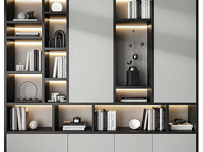 Modern Decorative Cabinet Featuring Layered Shelves Books Decorative Ornaments and Soft Lighting 3d model