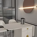 Modern Restaurant With White Dining Table Chairs Fruit Bowl Green Plant Round Mirror And Lighting