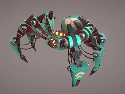 3D Mechanical Spider Character With Green Legs And Yellow Glowing Lights 3d model