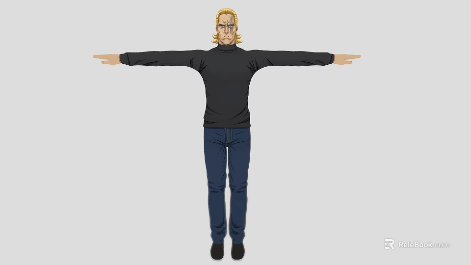 A Man With Blonde Hair Wearing Black Turtleneck And Blue Jeans With Arms Outstretched 3d model 