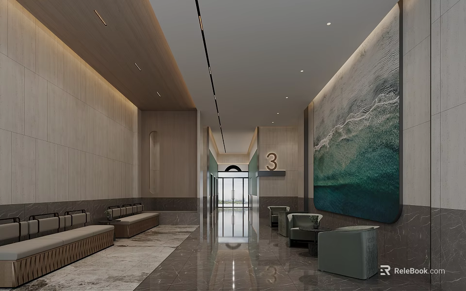 Modern Service Hall Interior With Waiting Benches Seats And Large Decorative Artwork Design 3d model 