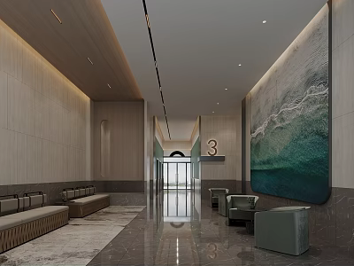 Modern Service Hall Interior With Waiting Benches Seats And Large Decorative Artwork Design 3d model