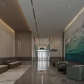 Modern Service Hall Interior With Waiting Benches Seats And Large Decorative Artwork Design