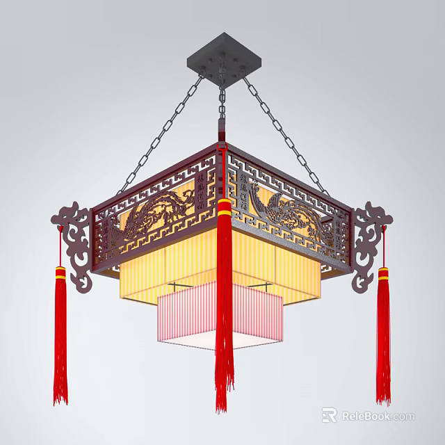 Traditional Chinese Style Carved Wooden Chandelier With Yellow Pink Lampshade And Red Tassels 3d model 