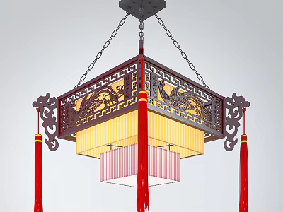 Traditional Chinese Style Carved Wooden Chandelier With Yellow Pink Lampshade And Red Tassels 3d model