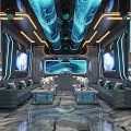 Modern KTV Interior With Blue Wavy Ceiling Neon Lights And Large Screen TV