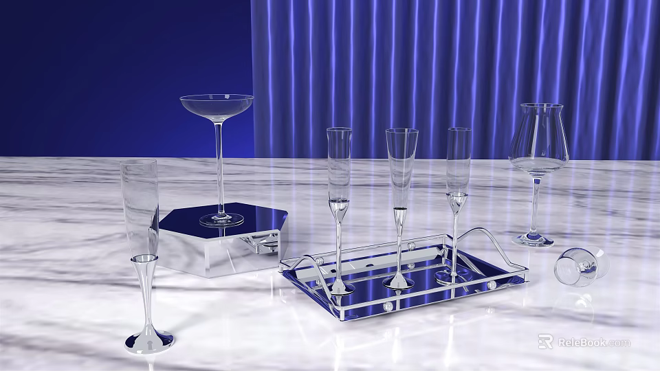 Elegant Wine Glasses And Bottle On Modern Tray With Blue Curtain Background 3d model 