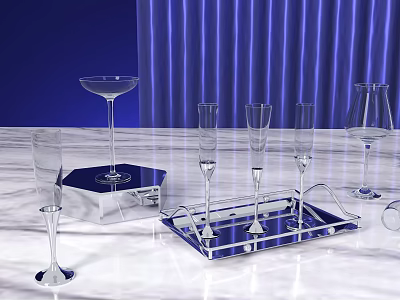 Elegant Wine Glasses And Bottle On Modern Tray With Blue Curtain Background 3d model