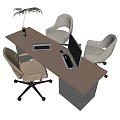 Office Desk with Computer Monitor Laptop and Plant in Vase Surrounded by Three Ergonomic Chairs