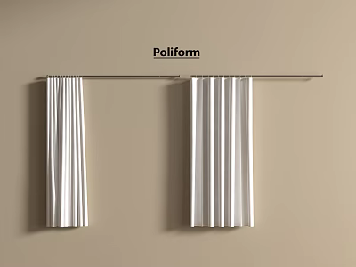 Poliform White Pleated Curtains Hanging On Beige Wall With Curtain Rod 3d model