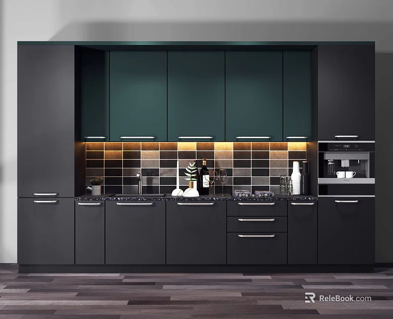 Modern Kitchen Interior With Dark Green Cabinets Black Countertops And Backsplash Tiles 3d model 