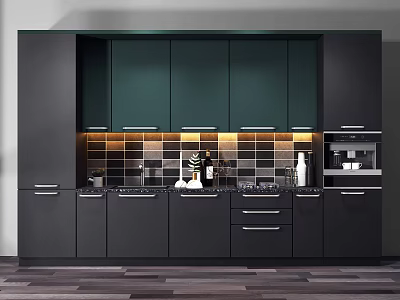 Modern Kitchen Interior With Dark Green Cabinets Black Countertops And Backsplash Tiles 3d model