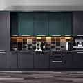 Modern Kitchen Interior With Dark Green Cabinets Black Countertops And Backsplash Tiles