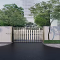 Modern Entrance Gate With Vertical Metal Slats Surrounded By Trees And Greenery