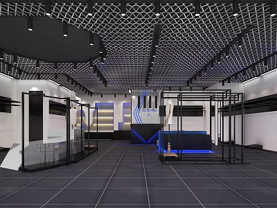Modern Clothing Store Interior With Grid Ceiling Display Racks And Gray Tiled Floor 3d model
