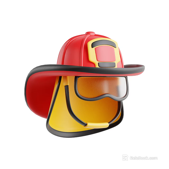 Red and Yellow Firefighter Helmet with Black Brim and Clear Goggles 3d model 
