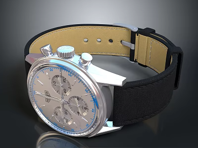 Stylish Silver Watch With Chronograph Dials Blue Markers Black And Beige Leather Strap 3d model