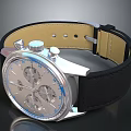 Stylish Silver Watch With Chronograph Dials Blue Markers Black And Beige Leather Strap