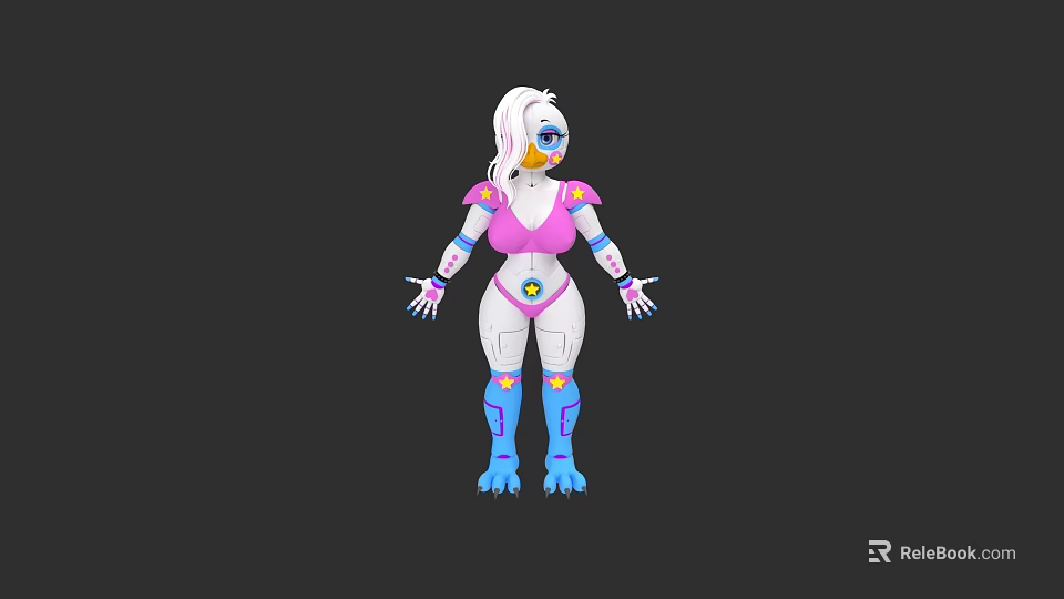 Game and Movie Character With White Hair Blue Eyes Pink Top and Blue Leg Armor 3d model 