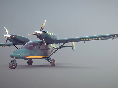 Stylish Green And Yellow Passenger Aircraft With Twin Propellers And Landing Gear On Ground 3d model