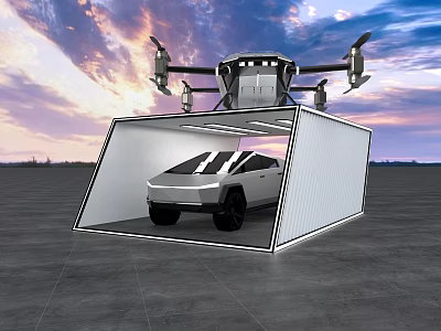 Modern White Car Parked in Container Structure With Flying Drone Over Sunset Sky 3d model