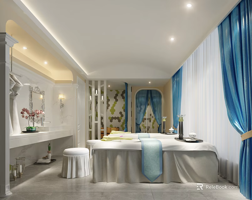 Elegant SPA Sauna Interior With Treatment Bed Blue Curtains White Vanity Flowers And Soft Lighting 3d model 