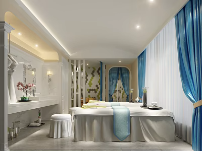 Elegant SPA Sauna Interior With Treatment Bed Blue Curtains White Vanity Flowers And Soft Lighting 3d model