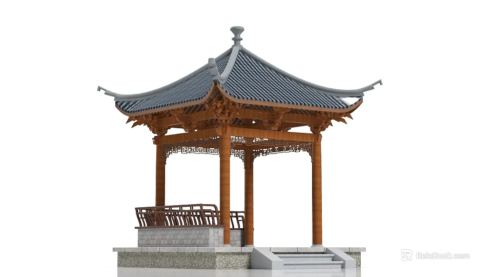 Traditional Chinese Pavilion Featuring Wooden Structure Grey Tile Roof And Carved Railings 3d model 