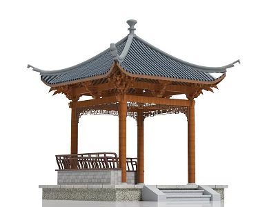 Traditional Chinese Pavilion Featuring Wooden Structure Grey Tile Roof And Carved Railings 3d model