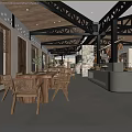 Rustic Restaurant Interior With Wooden Ceiling Tables Chairs Stone Wall And Open Bar Counter