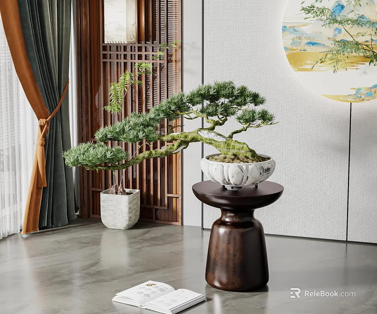 Chinese Style Pine Bonsai Plant on Wooden Stand with Decorative Screen and Wall Painting 3d model 