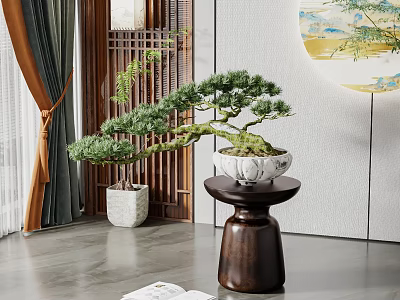Chinese Style Pine Bonsai Plant on Wooden Stand with Decorative Screen and Wall Painting 3d model