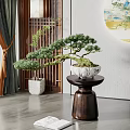 Chinese Style Pine Bonsai Plant on Wooden Stand with Decorative Screen and Wall Painting