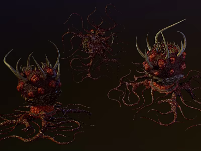 Unusual Flowering Plants With Red Spherical Blooms Vines And Thorns On Dark Background 3d model