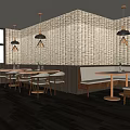 Modern Restaurant Interior With Pendant Lights Wooden Tables Bench Seating And Windows