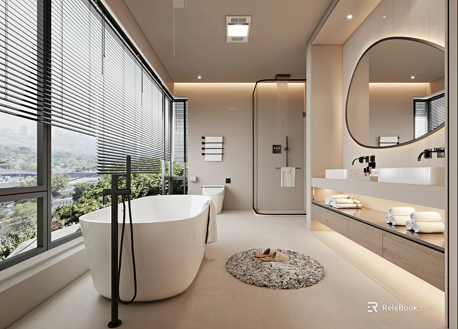 Elegant Modern Bathroom Interior With Freestanding Bathtub Marble Countertops And Round Mirror 3d model 