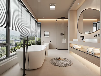 Elegant Modern Bathroom Interior With Freestanding Bathtub Marble Countertops And Round Mirror 3d model