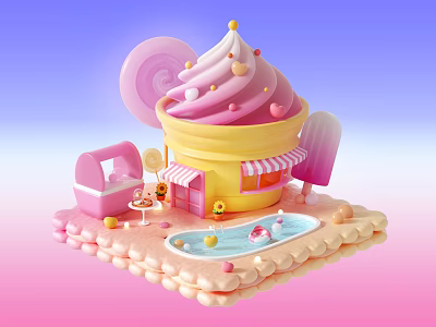 Colorful Ice Cream Themed Photo Spot With Yellow Cup Pink Pavilion And Swimming Pool 3d model