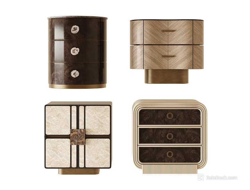 Stylish Modern Nightstands With Wooden Drawers Marble Panels And Metal Bases 3d model 