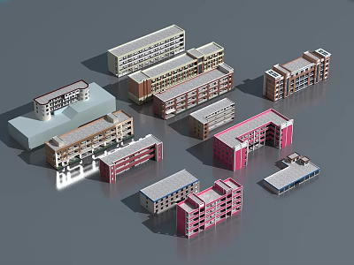 Multiple School Building Models With Different Architectural Styles And Various Colors 3d model
