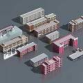 Multiple School Building Models With Different Architectural Styles And Various Colors 3d model